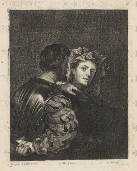 The Murderer (Il Bravo), print, album page, An armed man grabs his victim by the shoulder, while hiding a dagger behind his back. The other man, with vine leaves in his hair, turns around. This print is part of an album., printmaker: Jan van Troyen, Southern Netherlands (possibly), after painting by Giorgione, Venice, after painting by Titian (attributed to), publisher: David Teniers (II), Brussels, grantor of privilege: Spanish Crown, 1660, Attributed to, paper, etching, engraving, etching and engraving, height 227 mm x width 176 mm, Print after the painting by (attributed to) Titian which is in the collection of the Kunsthistorisches Museum in Vienna (inventory number GG_64). David Teniers probably produced an oil study on canvas or panel (so-called pasticcio) of all the paintings in the collection of Leopold William of Austria, which served as a model for the printmakers. It is not always clear whether the pasticci were made by him or by his studio. Not all pasticci have survived., ...