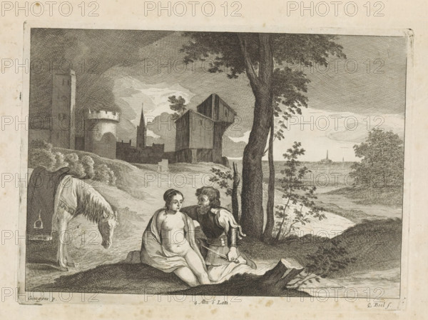 Woman and a soldier in a landscape, print, album page, A man with a dagger kneels beside a naked woman under a tree. On the left, a saddled horse. Buildings in the distance. This print is part of an album., printmaker: Quirin Boel, Southern Netherlands, after painting by Giorgione, Venice, publisher: David Teniers (II), Brussels, grantor of privilege: Spanish Crown, 1660, paper, etching, engraving, etching and engraving, height 176 mm x width 242 mm, David Teniers probably produced an oil study on canvas or panel (so-called pasticcio) of all the paintings in the collection of Leopold William of Austria, which served as a model for the printmakers. It is not always clear whether the pasticci were made by him or by his studio. Not all pasticci have survived., landscapes in the temperate zone, the soldier, the soldier's life, the (nude) human figure, 'Corpo humano' (Ripa) - AA - female human figure (sitting on the ground), A monochrome engraving showing a seated partially draped woman and...