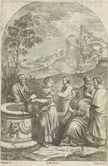 Christ and the Samaritan woman, print, album page, Christ, seated and with raised finger, asks the Samaritan woman for drinking water at Jacob's Well. Around them are several disciples and in the background a city, possibly Sychar. This print is part of an album., printmaker: Nikolaas van Hoy, Vienna, after drawing by Nikolaas van Hoy, after painting by Rafaël, Italy, publisher: David Teniers (II), Brussels, grantor of privilege: Spanish crown, 1660, Nikolaas van Hoy, Rafaël, David Teniers (II), Spanish crown, printmaker, after drawing by, after painting by, publisher, grantor of privilege, Lower Austria, paper, etching, height 290 mm x width 191 mm, David Teniers probably produced an oil study on canvas or panel (so-called pasticcio) of all the paintings in the collection of Leopold William of Austria, which served as models for the printmakers. It is not always clear whether the pasticci were made by him or by his studio. Not all pasticci have survived., Christ and the woman of Samar...