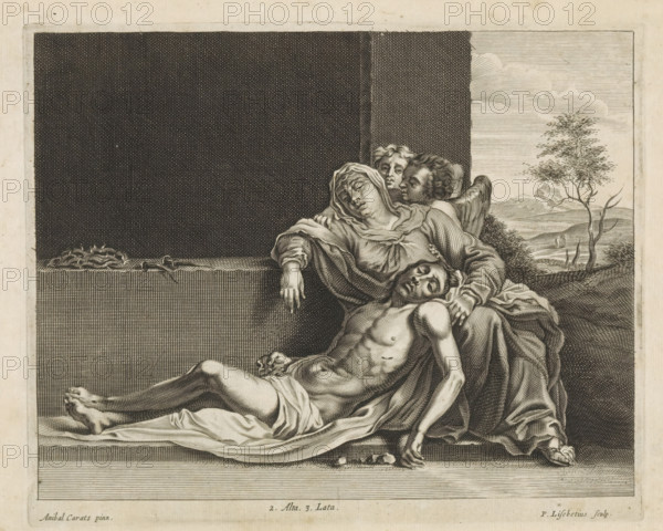 Lamentation of Christ (Pieta), print, album page, The grieving Mary leans with two angels on a block of stone. Christ's head rests on her lap. Beside her lie the instruments of the Passion, the crown of thorns and the nails. Behind her, a view of a hilly landscape. This print is part of an album., printmaker: Peter van Liesebetten, Antwerp, after painting by Annibale Carracci, Italy, publisher: David Teniers (II), Brussels, grantor of privilege: Spanish crown, 1660, Peter van Liesebetten, Annibale Carracci, David Teniers (II), Spanish crown, printmaker, after painting by, publisher, grantor of privilege, paper, engraving, height 168 mm x width 205 mm, Print after the painting by Carracci which is in the collection of the Kunsthistorisches Museum in Vienna (inventory number: GG_230). David Teniers probably produced an oil study on canvas or panel (so-called pasticcio) of all the paintings in the collection of Leopold William of Austria, which served as a model for the printmakers. It is...