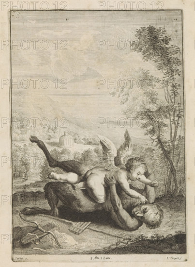 Battle between Cupid and Pan, print, album page, Beside them lie their attributes. In the background a mountain landscape with a round building. This print is part of an album., printmaker: Jan van Troyen, Southern Netherlands (possibly), after painting by David Teniers (II), after painting by Annibale Carracci, Italy, Brussels, grantor of privilege: Spanish Crown, 1660, paper, etching, engraving, height 242 mm x width 170 mm, Print after the painting by Carracci which is in the collection of The Courtauld Gallery in London. The painted copy by Teniers is in the Princes Gate Collection. David Teniers probably produced an oil study on canvas or panel (so-called pasticcio) of every painting in the collection of Leopold William of Austria, which served as models for the printmakers. It is not always clear whether the pasticci were made by him or by his studio. Not all pasticci have survived., Cupid vanquishing Pan, A monochrome etched scene shows a reclining adult male figure partly on hi...