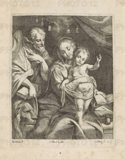 Mary with the Christ Child beside St. Jerome, print, album page, Mary shows an open book. This print is part of an album., printmaker: Nikolaas van Hoy, Vienna, after painting by Federico Barocci, Italy, publisher: David Teniers (II), Brussels, grantor of privilege: Spanish Crown, 1660, Lower Austria, paper, etching, height 174 mm x width 139 mm, David Teniers probably produced an oil study on canvas or panel (so-called pasticcio) of all the paintings in the collection of Leopold William of Austria, which served as a model for the printmakers. It is not always clear whether the pasticci were made by him or by his workshop. Not all pasticci have survived., the monk and hermit Jerome (Hieronymus), possible attributes: book, cardinal's hat, crucifix, hourglass, lion, skull, stone, Mary sitting or enthroned, the Christ-child in front of her, standing in her lap (or in front of her bosom), A detailed black and white engraving shows three human figures and an animal head within a bordered re...