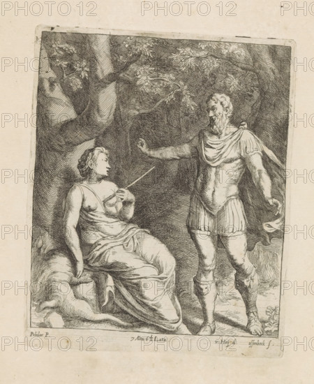 Cephalus and Procris, print, album page, Procris is slumped under a tree. She has been struck by an arrow from her husband Cephalus, who mistook her for an animal. This print is part of an album., printmaker: Jan van Ossenbeeck, after drawing by Nikolaas van Hoy, Vienna, after painting by Caravaggio, Italy, publisher: David Teniers (II), Brussels, grantor of privilege: Spanish crown, 1660, Lower Austria, paper, etching, height 186 mm x width 152 mm, David Teniers probably produced an oil study on canvas or panel (so-called pasticcio) of all the paintings in the collection of Leopold William of Austria, which served as models for the printmakers. It is not always clear whether the pasticci were made by him or by his studio. Not all pasticci have survived., Cephalus inadvertently kills Procris, A monochrome etched scene shows a seated person draped in flowing cloth leaning against a tree trunk while holding a thin stick, looking toward a standing bearded man who wears a short tunic, cloa...