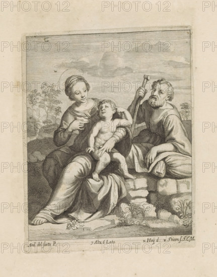 Holy Family in a landscape, print, album page, Christ stands by Mary. Joseph leans on a sack on a wall. This print is part of an album., printmaker: Frans van der Steen, Vienna, after drawing by Nikolaas van Hoy, after painting by Andrea del Sarto, Italy, publisher: David Teniers (II), Brussels, grantor of privilege: Spanish crown, 1660, Lower Austria, paper, etching, engraving, etching and engraving, height 179 mm x width 141 mm, David Teniers probably produced an oil study on canvas or panel (so-called pasticcio) of all the paintings in the collection of Leopold William of Austria, which served as models for the printmakers. It is not always clear whether the pasticci were made by him or by his studio. Not all pasticci have been preserved., landscapes in the temperate zone, Holy Family (alone), 'Trinitas terrestris', A monochrome engraved scene shows three figures seated on a stone ledge with a horizontal lined sky and distant foliage behind them. A woman on the left wears draped clo...
