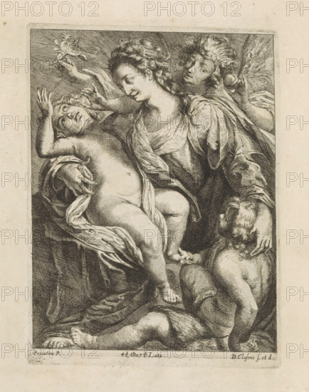 Mary with the Christ Child and St. John, print, album page, Behind them an angel. This print is part of an album., printmaker: D. Claessens, Southern Netherlands, after painting by Giulio Cesare Procaccini, Italy, publisher: David Teniers (II), Brussels, grantor of privilege: Spanish crown, 1660, paper, etching, engraving, etching and engraving, height 192 mm x width 143 mm, The print was produced after the painting by Procaccini which is in the collection of the Kunsthistorisches Museum in Vienna (inventory number GG_1617). David Teniers probably produced an oil study on canvas or panel (so-called pasticcio) of every painting in the collection of Leopold William of Austria, which served as models for the printmakers. It is not always clear whether the pasticci were made by him or by his studio. Not all pasticci have survived., Mary and the Christ-child with John the Baptist (as child) (angel(s)), A detailed black and white etching shows a central seated woman with wavy hair and draped...