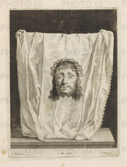 Veronica cloth (sudarium), print, album page, Sudarium with an image of the face of Christ. This print is part of an album., printmaker: Jan van Troyen, Southern Netherlands (possibly), after painting by Domenico Feti, Italy, publisher: David Teniers (II), Brussels, grantor of privilege: Spanish crown, 1660, paper, etching, engraving, etching and engraving, height 231 mm x width 172 mm, David Teniers probably produced an oil study on canvas or panel (so-called pasticcio) of all the paintings in the collection of Leopold William of Austria, which served as a model for the printmakers. It is not always clear whether the pasticci were made by him or by his workshop. Not all pasticci have survived., 'Vera Icon', 'Sudarium', Veronica-portrait, A detailed monochrome engraving shows a draped cloth hanging vertically against a dark textured background, the cloth rendered with fine lines to indicate folds and soft drapery. Centered on the cloth is a human face with long hair and a beard, the fa...