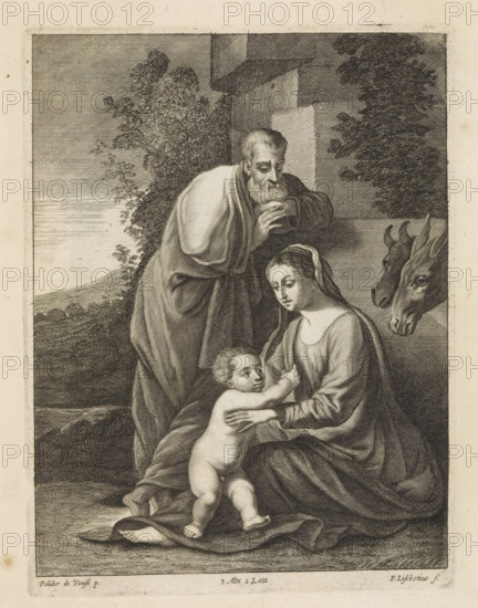 Holy Family in a landscape, print, album page, Joseph leans against a wall. Behind Mary the ox and the donkey. This print is part of an album., printmaker: Peter van Liesebetten, Antwerp, after painting by Polidoro da Lanciano, Venice, publisher: David Teniers (II), Brussels, grantor of privilege: Spanish Crown, 1660, paper, etching, engraving, etching and engraving, height 235 mm x width 176 mm, David Teniers probably produced an oil study on canvas or panel (so-called pasticcio) of all the paintings in the collection of Leopold William of Austria, which served as a model for the printmakers. It is not always clear whether the pasticci were made by him or by his studio. Not all pasticci have survived., landscapes in the temperate zone, ass, donkey, Holy Family (alone), 'Trinitas terrestris', ox, An engraved scene shows an older bearded man standing and leaning forward, a seated woman wearing a draped garment and head covering cradling a naked infant who reaches toward her, and two ani...