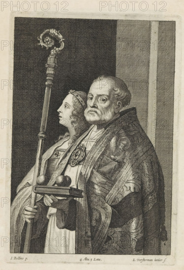 St. Nicholas of Myra and a female saint, print, album page, Saint Nicholas wears a bishop's robe. In his hands a bishop's staff and a book with three golden balls. Next to him a female saint, possibly Anastasia of Sirmium. This print is part of an album., printmaker: Lucas Vorsterman (II), Antwerp, after painting by David Teniers (II), Southern Netherlands, after painting by Antonello da Messina, Messina, after painting by Giovanni Bellini, Venice, Brussels, grantor of privilege: Spanish crown, 1660, Sicily, paper, etching, height 226 mm x width 154 mm, The image is based on a fragment of the altarpiece for the San Cassiano in Venice, which is in the collection of the Kunsthistorisches Museum in Vienna. The painted copy by Teniers is in the collection of Kenwood House in London. David Teniers probably produced an oil study on canvas or panel (so-called pasticcio) of every painting in the collection of Leopold William of Austria, which served as models for the printmakers. It is not alw...