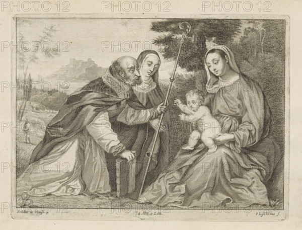 St. Nicholas of Myra kneels before Mary and the Christ Child, print, album page. In his hands a book and the bishop's staff. Beside him kneels a nun, possibly a female saint. In the foreground three golden balls. In the background a landscape. This print is part of an album., printmaker: Peter van Liesebetten, Antwerp, after painting by Polidoro da Lanciano, Venice, publisher: David Teniers (II), Brussels, grantor of privilege: Spanish Crown, 1660, Peter van Liesebetten, Polidoro da Lanciano, David Teniers (II), Spanish Crown, printmaker, after painting by, publisher, grantor of privilege, paper, etching, engraving, etching and engraving, height 171 mm x width 231 mm, David Teniers probably produced an oil study on canvas or panel (so-called pasticcio) of all the paintings in the collection of Leopold William of Austria, which served as models for the printmakers. It is not always clear whether the pasticci were made by him or by his studio. Not all pasticci have survived., landscapes ...