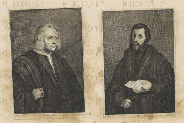 Portrait of the physician Gian Giacomo Bartolotti da Parma, print, album page, This print is part of an album., printmaker: Jan van Troyen, Southern Netherlands (possibly), after painting by David Teniers (II), after painting by Titian, Italy, Brussels, grantor of privilege: Spanish crown, 1660, paper, etching, height 173 mm x width 115 mm, The print was produced after the painting by Titian which is in the collection of the Kunsthistorisches Museum in Vienna (inventory number GG_94). David Teniers likely produced an oil study on canvas or panel (known as a pasticcio) of every painting in the collection of Leopold William of Austria, which served as models for the printmakers. It is not always clear whether the pasticci were made by him or by his studio. Not all pasticci have survived., Two engraved portraits printed side by side on aged paper show seated men framed by dark crosshatched backgrounds. The figure on the left is an older man with shoulder-length wavy hair, a lined face, an...