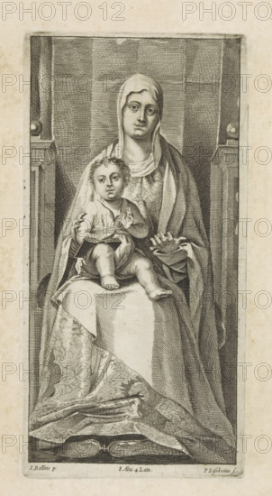 Seated Mary with Christ Child (Sedes sapientiae), print, album page, Mary is seated on a throne. An open book lies on the knee of the Christ Child. Christ makes the blessing gesture. This print is part of an album., printmaker: Peter van Liesebetten, Antwerp, after painting by Antonello da Messina, Messina, after painting by Giovanni Bellini, Venice, publisher: David Teniers (II), Brussels, grantor of privilege: Spanish crown, 1660, Sicily, paper, etching, engraving, etching and engraving, height 228 mm x width 115 mm, The image is based on a fragment of the altarpiece for the San Cassiano in Venice, which is in the collection of the Kunsthistorisches Museum in Vienna. David Teniers probably produced an oil study on canvas or panel (so-called pasticcio) of all the paintings in the collection of Leopold William of Austria, which served as models for the printmakers. It is not always clear whether the pasticci were made by him or by his studio. Not all pasticci have been handed down., 'S...