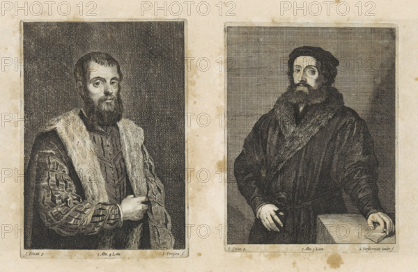 Portrait of an unknown man, print, album page, He is wearing a fur-trimmed cloak. This print is part of an album., printmaker: Jan van Troyen, Southern Netherlands (possibly), after painting by David Teniers (II), after painting by Titian, Italy, after painting by anonymous, Venice, Brussels, grantor of privilege: Spanish crown, 1660, paper, etching, height 166 mm x width 117 mm, David Teniers probably produced an oil study on canvas or panel (so-called pasticcio) of all the paintings in the collection of Leopold William of Austria, which served as a model for the printmakers. It is not always clear whether the pasticci were made by him or by his workshop. Not all pasticci have survived., anonymous historical person portrayed, Two rectangular engraved portraits appear side by side on a browned sheet of paper. The left portrait shows a bearded man facing slightly to his right, wearing a patterned garment with a fur-lined collar and a textured background of closely spaced dots and lines....