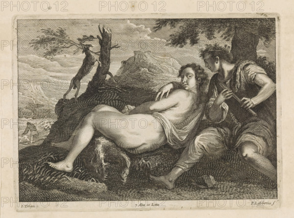 Shepherd by a nymph, print, album page, A naked nymph lies on an animal skin in a landscape. Beside her sits a shepherd with a flute. Behind them a leaping dog by a dead tree. On the left a farmer. This print is part of an album., printmaker: Peter van Liesebetten, Antwerp, after painting by Titian, Italy, publisher: David Teniers (II), Brussels, grantor of privilege: Spanish crown, 1660, paper, etching, engraving, etching and engraving, height 169 mm x width 230 mm, The print was produced after the painting by Titian which is in the collection of the Kunsthistorisches Museum in Vienna (inventory number GG_1825). David Teniers probably produced an oil study on canvas or panel (so-called pasticcio) of all the paintings in the collection of Leopold William of Austria, which served as a model for the printmakers. It is not always clear whether the pasticci were made by him or by his studio. Not all pasticci have been handed down., landscapes in the temperate zone, herding, herdsman, herds...