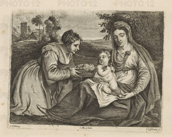 St. Dorothea offers the Christ Child a basket of flowers, print, album page, St. Dorothea kneels and offers Mary and the Christ Child a basket of flowers. In the background, buildings in a rolling landscape. This print is part of an album., printmaker: Peter van Liesebetten, Antwerp, after painting by Titian, Italy, publisher: David Teniers (II), Brussels, grantor of privilege: Spanish crown, 1660, paper, etching, height 157 mm x width 198 mm, David Teniers probably produced an oil study on canvas or panel (so-called pasticcio) of all the paintings in the collection of Leopold William of Austria, which served as a model for the printmakers. It is not always clear whether the pasticci were made by him or by his workshop. Not all pasticci have survived., landscapes in the temperate zone, Madonna: Mary sitting on the ground, the Christ-child in her lap, the virgin martyr Dorothea of Caesarea, possible attributes: basket of roses and apples, child with basket of roses, garland of roses, ro...
