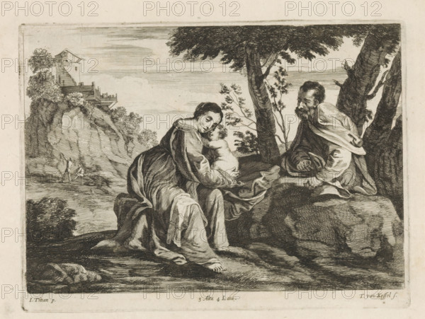 Holy Family in a landscape, print, album page, Possibly the rest on the flight to Egypt. In the background a house on a rock. This print is part of an album., printmaker: Theodorus van Kessel, Southern Netherlands, after painting by Titian, Italy, publisher: David Teniers (II), Brussels, grantor of privilege: Spanish Crown, 1660, paper, etching, height 172 mm x width 230 mm, The print was produced after a painting by Titian that is in the collection of the Marquess of Bath, Longleat House (Yorkshire). David Teniers probably produced an oil study on canvas or panel (so-called pasticcio) of every painting in the collection of Leopold William of Austria, which served as models for the printmakers. It is not always clear whether the pasticci were made by him or by his studio. Not all pasticci have survived., rest on the flight into Egypt, Holy Family (alone), 'Trinitas terrestris', A black and white engraving shows a seated woman holding a baby close to her chest while a bearded man in rob...