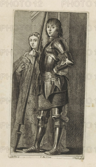St. George and St. Cecilia, print, album page, Saint George holds a lance. This print is part of an album., printmaker: Johannes Popels, Antwerp, after painting by David Teniers (II), Southern Netherlands, after painting by Giovanni Bellini, Venice, after painting by Antonello da Messina, Brussels, grantor of privilege: Spanish crown, 1660, paper, etching, height 227 mm x width 116 mm, David Teniers probably produced an oil study on canvas or panel (so-called pasticcio) of all the paintings in the collection of Leopold William of Austria, which served as a model for the printmakers. It is not always clear whether the pasticci were made by him or by his workshop. Not all pasticci have survived., the warrior martyr George (Georgius), possible attributes: banner (red cross on white field), (red) cross, dragon, (white) horse, broken lance, shield (with cross), sword, female saints, the virgin martyr Cecilia of Rome, possible attributes: falcon, musical instruments, organ, wreath of roses a...
