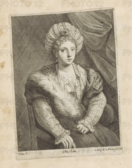 Portrait of Isabella d'Este, print, album page, On a chair in front of a drapery. This print is part of an album., printmaker: Frans van der Steen, Vienna, after drawing by Nikolaas van Hoy, after painting by Titian, Italy, publisher: David Teniers (II), Brussels, grantor of privilege: Spanish crown, 1660, Frans van der Steen, Nikolaas van Hoy, Titian, David Teniers (II), Spanish crown, printmaker, after drawing by, after painting by, publisher, grantor of privilege, Lower Austria, paper, etching, height 182 mm x width 134 mm, The print was produced after the painting by Titian which is in the collection of the Kunsthistorisches Museum in Vienna (inventory number GG_83). David Teniers likely produced an oil study on canvas or panel (so-called pasticcio) of every painting in the collection of Leopold William of Austria, which served as models for the printmakers. It is not always clear whether the pasticci were made by him or by his studio. Not all pasticci have survived., Person, Isabe...