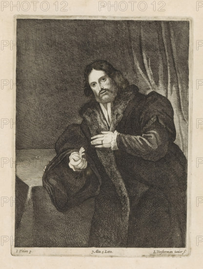 Portrait of a man with a golden claw, possibly Leonino Brembate, print, album page, He wears a fur-trimmed cloak. This print is part of an album., printmaker: Lucas Vorsterman (II), Southern Netherlands, after painting by Titian, Italy, after painting by Lorenzo Lotto, publisher: David Teniers (II), Brussels, grantor of privilege: Spanish crown, 1660, paper, etching, height 194 mm x width 145 mm, The print was produced after the painting by Lotto which is in the collection of the Kunsthistorisches Museum in Vienna (inventory number GG_265). David Teniers likely produced an oil study on canvas or panel (known as a pasticcio) of every painting in the collection of Leopold William of Austria, which served as models for the printmakers. It is not always clear whether the pasticci were made by him or by his studio. Not all pasticci have survived., A monochrome engraved portrait showing a seated man with shoulder-length hair and a beard, wearing a heavy fur-lined cloak and a garment with vis...