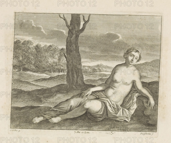 Lying woman in a landscape, print, album page, Possibly a nymph. This print is part of an album., printmaker: Peter van Liesebetten, Antwerp, after painting by Giovanni Bellini, Venice, publisher: David Teniers (II), Brussels, grantor of privilege: Spanish crown, 1660, paper, etching, height 171 mm x width 209 mm, David Teniers probably produced an oil study on canvas or panel (so-called pasticcio) of all the paintings in the collection of Leopold William of Austria, which served as a model for the printmakers. It is not always clear whether the pasticci were made by him or by his studio. Not all pasticci have survived., landscapes in the temperate zone, nymphs (in general), 'Ninfe in commune' (Ripa), the (nude) human figure, 'Corpo humano' (Ripa) - AA - female human figure (lying), A detailed engraved scene showing a partially clothed reclining figure with bare torso and draped lower cloth, seated on a textured ground with one hand resting on the fabric and the other arm extended to t...
