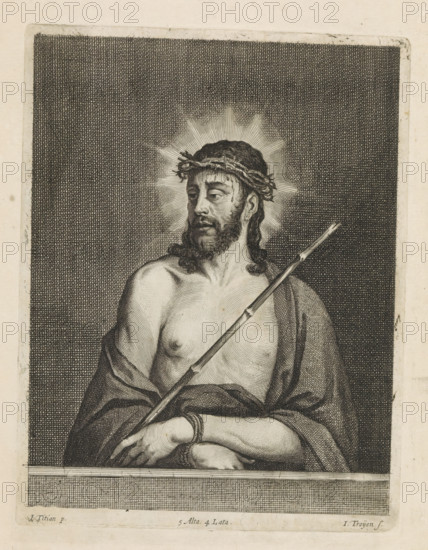 Ecce Homo, print, album page, Christ with crown of thorns, cloak and reed stalk as scepter. His wrists are bound. This print is part of an album., printmaker: Jan van Troyen, Southern Netherlands (possibly), after painting by Titian, Italy, publisher: David Teniers (II), Brussels, grantor of privilege: Spanish crown, 1660, paper, etching, engraving, etching and engraving, height 226 mm x width 174 mm, The print was produced after the painting by Titian which is in the collection of the Muzeul Na?ional Brukenthal in Sibiu (formerly in the Kunsthistorisches Museum in Vienna). David Teniers likely produced an oil study on canvas or panel (known as a pasticcio) of every painting in the collection of Leopold William of Austria, which served as models for the printmakers. It is not always clear whether the pasticci were made by him or by his studio. Not all pasticci have survived., Christ alone (also called 'Ecce Homo'), A monochrome engraved image of a bare-chested bearded man shown from th...