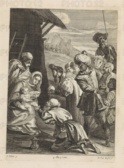 Adoration of the Kings, print, album page, The Three Kings and their retinue present gifts to the Holy Family. This print is part of an album., printmaker: Theodorus van Kessel, Southern Netherlands, after painting by Titian, Italy, publisher: David Teniers (II), Brussels, grantor of privilege: Spanish Crown, 1660, paper, etching, engraving, etching and engraving, height 234 mm x width 168 mm, The print was produced after the painting by Titian which is in the collection of the Kunsthistorisches Museum in Vienna (inventory number: GG_98). David Teniers likely produced an oil study on canvas or panel (known as a pasticcio) of every painting in the collection of Leopold William of Austria, which served as models for the printmakers. It is not always clear whether the pasticci were made by him or by his studio. Not all pasticci have survived., adoration of the kings: the Wise Men present their gifts to the Christ-child (gold, frankincense and myrrh), A detailed black and white engraving s...