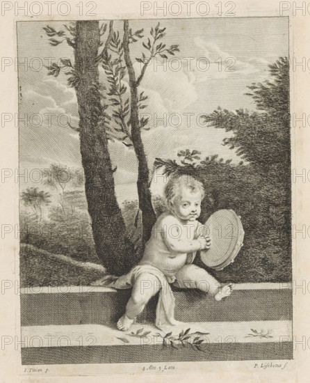 Putto with a tambourine in a landscape, print, album page, Leaves lie at his feet. This print is part of an album., printmaker: Peter van Liesebetten, Southern Netherlands, after painting by Titian, Italy, after painting by anonymous, Venice, publisher: David Teniers (II), Brussels, grantor of privilege: Spanish crown, 1660, paper, etching, engraving, etching and engraving, height 220 mm x width 172 mm, The print was produced after a Venetian painting located in the collection of the Kunsthistorisches Museum in Vienna (inventory number GG_96). David Teniers probably produced an oil study on canvas or panel (so-called pasticcio) of every painting in the collection of Leopold William of Austria, which served as models for the printmakers. It is not always clear whether the pasticci were made by him or by his studio. Not all pasticci have survived., cupids: 'amores', 'amoretti', 'putti', tambourine, landscapes in the temperate zone, A black and white etching shows a chubby naked child sea...