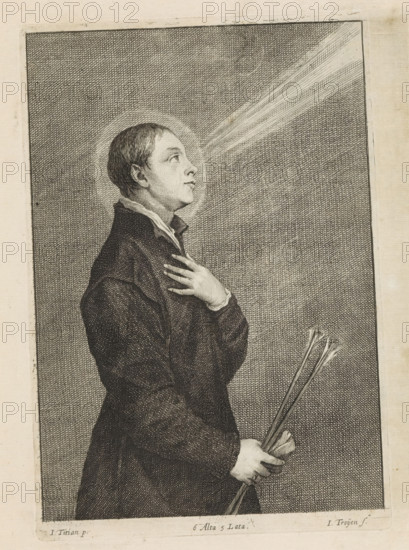 Portrait of a man as St. Sebastian, possibly the son of Francesco Filetto, print, album page, With halo and two arrows as references to the martyrdom of St. Sebastian. This print is part of an album., printmaker: Jan van Troyen, Southern Netherlands (possibly), after painting by David Teniers (II), after painting by Titian, Italy, Brussels, grantor of privilege: Spanish crown, 1660, paper, etching, engraving, etching and engraving, height 228 mm x width 156 mm, The print was produced after the painting by Titian which is in the collection of the Kunsthistorisches Museum in Vienna (inventory number: GG_84). David Teniers probably produced an oil study on canvas or panel (so-called pasticcio) of all the paintings in the collection of Leopold William of Austria, which served as a model for the printmakers. It is not always clear whether the pasticci were made by him or by his studio. Not all pasticci have been handed down., historical persons, the martyr Sebastian, possible attributes: ar...