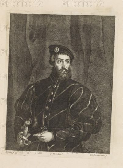 Portrait of an unknown man, print, album page, His right hand rests on his sword. He stands in front of a drapery. This print is part of an album., printmaker: Lucas Vorsterman (II), Southern Netherlands, after painting by David Teniers (II), after painting by Titian, Italy, Brussels, grantor of privilege: Spanish crown, 1660, paper, etching, height 235 mm x width 176 mm, The painted copy by Teniers after the original painting is located in the Suida-Manning collection in New York. David Teniers likely produced an oil study on canvas or panel (a so-called pasticcio) of every painting in the collection of Leopold William of Austria, which served as models for the printmakers. It is not always clear whether the pasticci were made by him or by his studio. Not all pasticci have survived., hacking and thrusting weapons: sword, anonymous historical person portrayed alone, A monochrome engraving of a bearded man shown from the waist up, seated against a draped background; he wears a dark hat ...