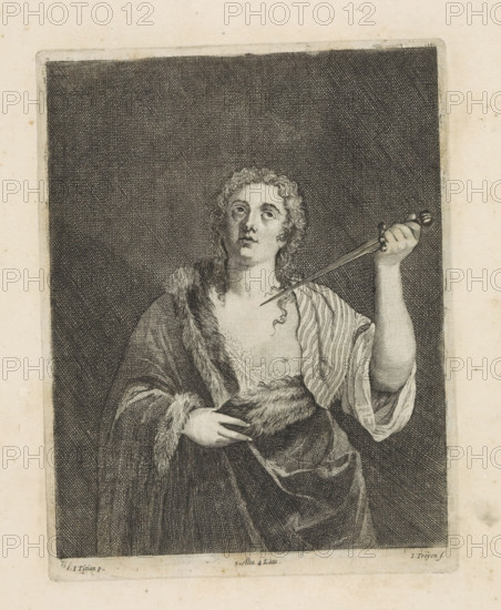 Death of Lucretia, print, album page, Lucretia is about to plunge a dagger into her breast. This print is part of an album., printmaker: Jan van Troyen, Southern Netherlands (possibly), after painting by David Teniers (II), after painting by Titian, Italy, after painting by anonymous, Venice, Brussels, grantor of privilege: Spanish crown, 1660, paper, etching, height 225 mm x width 173 mm, The print was produced after a Venetian painting located in the collection of the Kunsthistorisches Museum in Vienna (inventory number: GG_1571). David Teniers likely produced an oil study on canvas or panel (so-called pasticcio) of every painting in the collection of Leopold William of Austria, which served as models for the printmakers. It is not always clear whether the pasticci were made by him or by his studio. Not all pasticci have survived., death of Lucretia: she commits suicide by stabbing herself, A monochrome engraving of a person shown from the waist up against a dark crosshatched backgro...