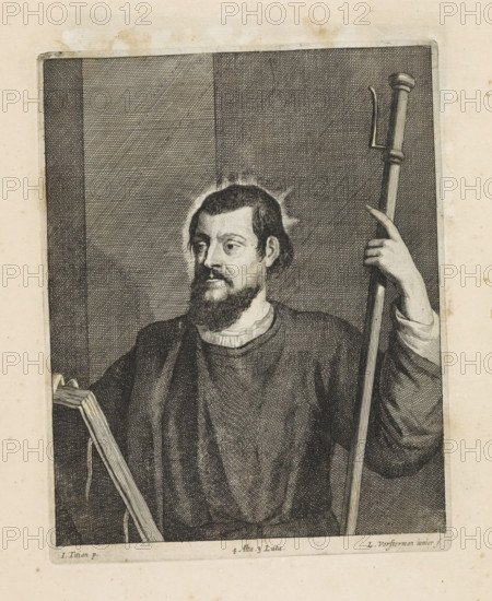 Portrait of Francesco Filetto as St. James the Greater, print, album page, With halo, book and pilgrim's staff. This print is part of an album., printmaker: Lucas Vorsterman (II), Southern Netherlands, after painting by David Teniers (II), after painting by Titian, Italy, publisher: David Teniers (II), Brussels, grantor of privilege: Spanish crown, 1660, Lucas Vorsterman (II), David Teniers (II), Titian, Spanish crown, printmaker, after painting by, publisher, grantor of privilege, paper, etching, engraving, etching and engraving, height 217 mm x width 170 mm, The print was produced after the painting by Titian which is in the collection of the Kunsthistorisches Museum in Vienna (inventory number GG_72). The painted copy by Teniers is also located there (inventory number GG_9707). David Teniers probably produced an oil study on canvas or panel (so-called pasticcio) of all the paintings in the collection of Leopold William of Austria, which served as models for the printmakers. It is no...