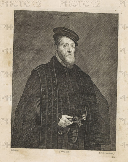 Portrait of an unknown nobleman with a beret, print, album page, This print is part of an album., printmaker: Lucas Vorsterman (II), Southern Netherlands, after painting by David Teniers (II), after painting by Titian, Italy, after painting by Lambert Sustris, Venice, Brussels, grantor of privilege: Spanish crown, 1660, paper, etching, engraving, etching and engraving, height 226 mm x width 168 mm, The print was produced after the painting by Sustris which is in the collection of the Kunsthistorisches Museum in Vienna (inventory number GG_77). David Teniers likely produced an oil study on canvas or panel (known as a pasticcio) of every painting in the collection of Leopold William of Austria, which served as models for the printmakers. It is not always clear whether the pasticci were made by him or by his studio. Not all pasticci have survived., A monochrome engraving of a bearded man wearing a dark beret and a high-collared garment with a textured, vertically striped cloak; he faces s...