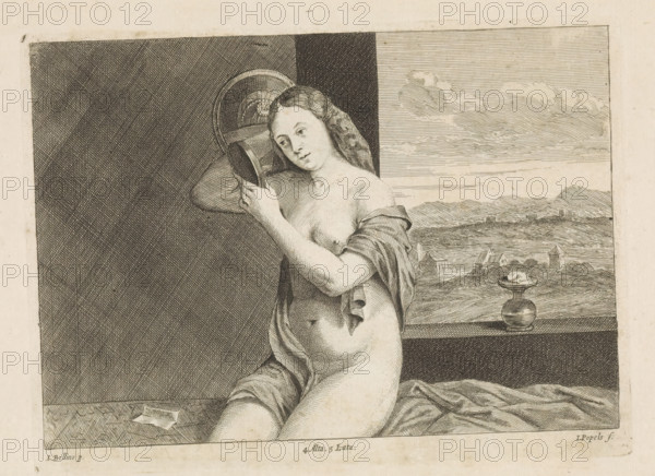 Sitting nude woman with mirror, print, album page, A nude woman sits on a bench and looks at her hair in a mirror. Behind her, a view of a rolling landscape. This print is part of an album., printmaker: Johannes Popels, Antwerp, after painting by Giovanni Bellini, Venice, publisher: David Teniers (II), Brussels, grantor of privilege: Spanish crown, 1660, paper, etching, engraving, etching and engraving, height 167 mm x width 227 mm, Print after the painting by Giovanni Bellini (1515), which is in the collection of the Kunsthistorisches Museum in Vienna (inventory number: GG_97). David Teniers probably produced an oil study on canvas or panel (so-called pasticcio) of every painting in the collection of Leopold William of Austria, which served as models for the printmakers. It is not always clear whether the pasticci were made by him or by his studio. Not all pasticci have survived., (high) hill, looking in the mirror, (possibly: contemplation of own beauty - AA - (for) women), the (nude...