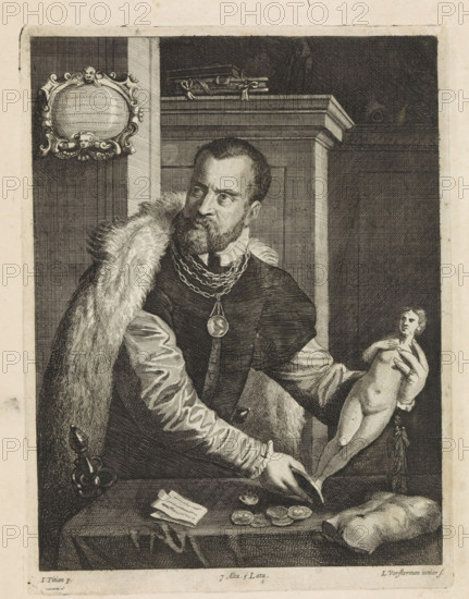 Portrait of Jacopo Strada, print, album page, He wears a fur cape and holds a statue. He stands by a table in an interior. On the table lie medals and statues. Above a cartouche. This print is part of an album., printmaker: Lucas Vorsterman (II), Southern Netherlands, after painting by Titian, Italy, publisher: David Teniers (II), Brussels, grantor of privilege: Spanish crown, 1660, paper, etching, engraving, height 232 mm x width 175 mm, The print was produced after the painting by Titian which is in the collection of the Kunsthistorisches Museum in Vienna (inventory number GG_81). David Teniers likely produced an oil study on canvas or panel (known as a pasticcio) of every painting in the collection of Leopold William of Austria, which served as models for the printmakers. It is not always clear whether the pasticci were made by him or by his studio. Not all pasticci have survived., Person, Jacopo Strada, historical persons, A monochrome engraved portrait of a man seated at a table, ...