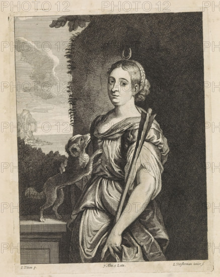 Diana, print, album page, A dog jumps up against her. In the distance a landscape. This print is part of an album., printmaker: Lucas Vorsterman (II), Southern Netherlands, after painting by David Teniers (II), after painting by Titian, Italy, Brussels, grantor of privilege: Spanish crown, 1660, paper, etching, engraving, etching and engraving, height 228 mm x width 173 mm, David Teniers probably produced an oil study on canvas or panel (so-called pasticcio) of all the paintings in the collection of Leopold William of Austria, which served as a model for the printmakers. It is not always clear whether the pasticci were made by him or by his studio. Not all pasticci have survived., landscapes in the temperate zone, dog, (story of) Diana (Artemis), A black and white engraved image of a woman standing in front of a dark textured background and a lighter landscape visible through an opening to her left; she faces forward with a calm expression, her hair braided and arranged at the back of ...