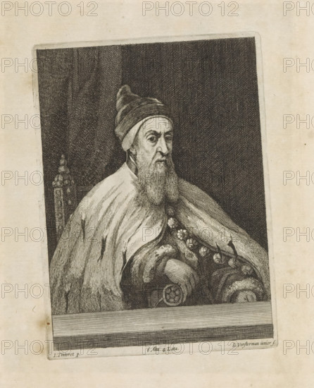 Portrait of Doge Nicolò da Ponte, print, album page, He is sitting at a table. This print is part of an album., printmaker: Lucas Vorsterman (II), Southern Netherlands, after painting by David Teniers (II), after painting by Jacopo Tintoretto, Italy, Brussels, grantor of privilege: Spanish Crown, 1660, paper, etching, height 173 mm x width 127 mm, The painted copy by Teniers of the original painting is in the collection of The Courtauld Gallery in London. David Teniers likely produced an oil study on canvas or panel (known as a pasticcio) of every painting in the collection of Leopold William of Austria, which served as models for the printmakers. It is not always clear whether the pasticci were made by him or by his studio. Not all pasticci have survived., Person, Nicolò da Ponte, historical persons, other sovereign: doge, A detailed black and white engraving of an elderly bearded man seated in a high-backed chair, wearing a rounded hat and a heavy fur-lined cloak with visible texture...