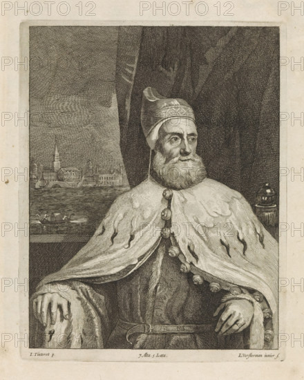 Portrait of Doge Francesco Donato, print, album page, He is seated in front of a drapery. Behind him is a view of Venice. This print is part of an album., printmaker: Lucas Vorsterman (II), Southern Netherlands, after painting by David Teniers (II), after painting by Jacopo Tintoretto, Italy, after painting by anonymous, Venice, Brussels, grantor of privilege: Spanish crown, 1660, paper, etching, height 213 mm x width 168 mm, The print was produced after a Venetian painting located in the collection of the Kunsthistorisches Museum in Vienna (inventory number GG_3062). The painted copy by Teniers is in the collection of the Prado in Madrid. David Teniers probably produced an oil study on canvas or panel (so-called pasticcio) of all the paintings in the collection of Leopold William of Austria, which served as models for the printmakers. It is not always clear whether the pasticci were made by him or by his studio. Not all pasticci have survived., Person, Francesco Donato, historical per...