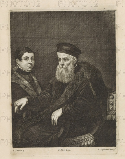 Portrait of an unknown old man and a boy, print, album page, The old man, probably a nobleman, is sitting on a chair. Standing beside him is a boy in a fur-trimmed cloak. This print is part of an album., printmaker: Lucas Vorsterman (II), Antwerp, after painting by David Teniers (II), Southern Netherlands, after painting by Jacopo Tintoretto, Italy, Brussels, grantor of privilege: Spanish crown, 1660, paper, etching, engraving, etching and engraving, height 231 mm x width 172 mm, The print was produced after the painting by Tintoretto which is in the collection of the Kunsthistorisches Museum in Vienna (inventory number GG_37). David Teniers probably produced an oil study on canvas or panel (so-called pasticcio) of all the paintings in the collection of Leopold William of Austria, which served as a model for the printmakers. It is not always clear whether the pasticci were made by him or by his studio. Not all pasticci have survived., boy (child between toddler and youth), anonymous hi...