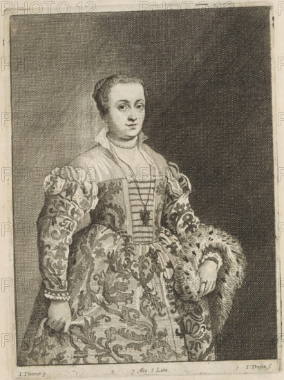 Portrait of an unknown young woman, print, album page, The woman is wearing a brocade dress. A fur stole hangs over her left arm. This print is part of an album., printmaker: Jan van Troyen, Southern Netherlands (possibly), after painting by David Teniers (II), after painting by Jacopo Tintoretto, Italy, after painting by anonymous, Venice, Brussels, grantor of privilege: Spanish crown, 1660, paper, etching, height 233 mm x width 170 mm, The print was produced after a Venetian painting located in the collection of the Kunsthistorisches Museum in Vienna (inventory number GG_3317). David Teniers likely produced an oil study on canvas or panel (so-called pasticcio) of every painting in the collection of Leopold William of Austria, which served as models for the printmakers. It is not always clear whether the pasticci were made by him or by his studio. Not all pasticci have survived., anonymous historical person portrayed alone - BB - woman, adolescent, young woman, maiden (standing), A mo...
