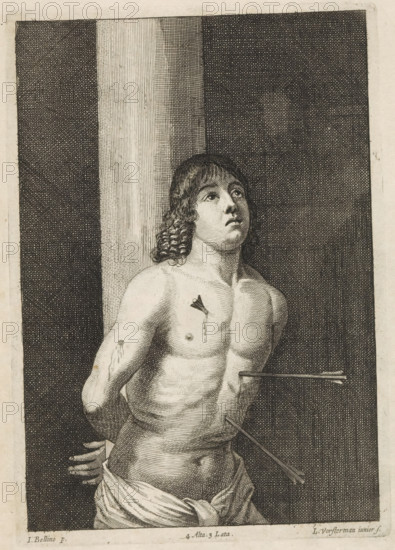 Martyrdom of St. Sebastian, print, album page, Saint Sebastian is bound to a pillar. His body is pierced with arrows. This print is part of an album., printmaker: Lucas Vorsterman (II), Antwerp, after painting by David Teniers (II), Southern Netherlands, after painting by Antonello da Messina, Messina, after painting by Giovanni Bellini, Venice, Brussels, grantor of privilege: Spanish crown, 1660, Sicily, paper, etching, engraving, height 220 mm x width 155 mm, Print after a missing fragment of the altarpiece for the San Cassiano in Venice, the rest of which is in the collection of the Kunsthistorisches Museum in Vienna. The painted copy by Teniers is also located there (inventory number GG_6784). David Teniers probably produced an oil study on canvas or panel (so-called pasticcio) of every painting in the collection of Leopold William of Austria, which served as models for the printmakers. It is not always clear whether the pasticci were made by him or by his studio. Not all pasticci ...