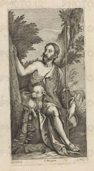 St. John the Baptist, print, album page, He sits next to a lamb by a tree. In his hand the cross. This print is part of an album., printmaker: Quirin Boel, Southern Netherlands, after painting by Paolo Veronese, Italy, publisher: David Teniers (II), Brussels, grantor of privilege: Spanish crown, 1660, paper, etching, height 225 mm x width 112 mm, The print was produced after the painting by Veronese which is in the collection of the Kunsthistorisches Museum in Vienna (inventory number GG_1545). David Teniers likely produced an oil study on canvas or panel (so-called pasticcio) of every painting in the collection of Leopold William of Austria, which served as models for the printmakers. It is not always clear whether the pasticci were made by him or by his studio. Not all pasticci have survived., John the Baptist, possible attributes: book, reed cross, baptismal cup, honeycomb, lamb, staff, A monochrome engraving shows a seated bearded man with a halo, draped in loose robes that expose ...