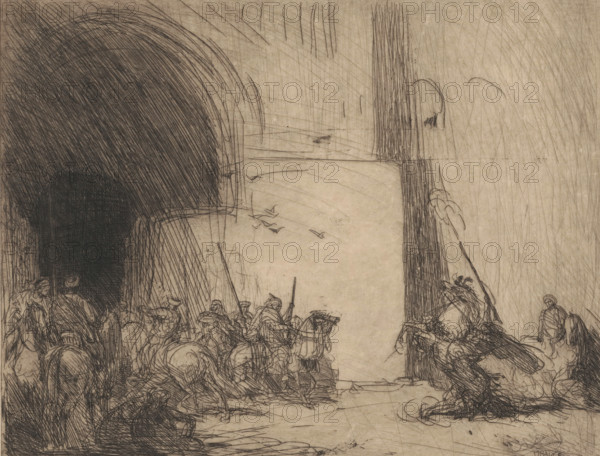 Fantasia, print, A group of horsemen at a gate. On the right, a horseman on a rearing horse. He fires a shot with his rifle., inscription: 'not for sale', printmaker: Marius Bauer (signed by artist), 1902, paper, etching, intaglio printmaking technique, etching with plate tone, height 296 mm x width 373 mm, A wide, finely hatched ink drawing showing two tall vertical openings with a bright rectangular space between them, populated along the lower edge by a crowd of figures and horses rendered in loose, energetic lines; the left opening is filled with dense, dark cross-hatching while the right opening has vertical hatching and a lighter interior, and small curved marks suggest birds in the brighter central sky; the clustered figures at the bottom are sketched in varied postures with riders, raised arms, and pole-like implements, and to the right a few figures sit or kneel with flowing garments and rounded heads, all set against a textured, paper-toned background covered with sweeping, d...