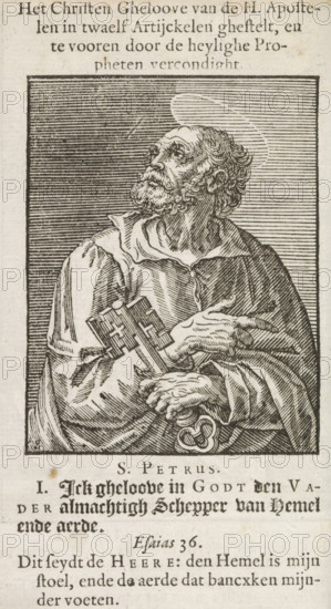 St. Peter, Apostle Peter, Christ, Mary and the twelve apostles, print, album page, book illustration, Series number, 1, 12, The Apostle Andrew, with the key to the gates of heaven as an attribute. Numbered I below the image. Accompanying this is a Dutch caption with a line from the Creed and a line of text from Esaiah 36., printmaker: Christoffel van Sichem (II), Amsterdam, after print by Johann Sadeler (I), after design by Maerten de Vos (attributed to), publisher: Pieter Jacobsz. Paets, 1646, Johann Sadeler (I), after print by, Attributed to, paper, woodcut, letterpress printing, paste, woodcut pasted onto album page, text in letterpress, height 83 mm x width 64 mm, height 125 mm x width 87 mm, The print originates from one of the publications by PJ Paets from Amsterdam. The print may possibly already be used in: Der Zielen Lust-hof. Leuven, I. Jacobsz for PJ Paets = Amsterdam, PJ Paets, 1629. In any case, it appears in: Het Nieuwe Testament ons Salichmaeckers Jesu Christi. Amsterdam...