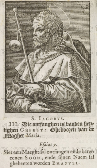 S. Jacobus, Apostle James the Greater, Christ, Mary and the twelve apostles, print, album page, book illustration, Series number, 3, 12, The Apostle James the Greater, with the pilgrim's staff as an attribute. Numbered III below the image. Accompanying this is a Dutch caption with a line from the Creed and a line of text from Isaiah 7., printmaker: Christoffel van Sichem (II), Amsterdam, printmaker: Christoffel van Sichem (III), after print by Raphaël Sadeler (I), after design by Maerten de Vos (attributed to), publisher: Pieter Jacobsz. Paets, in or after 1629 - in or before 1646, Christoffel van Sichem (II), Christoffel van Sichem (III), Raphaël Sadeler (I), Maerten de Vos, Pieter Jacobsz. Paets, after print by, after design by, publisher, Attributed to, paper, woodcut, letterpress printing, pastes, woodcut attached to album page, text in letterpress, height 82 mm x width 62 mm, height 125 mm x width 87 mm, The print originates from one of the publications by PJ Paets from Amsterdam....