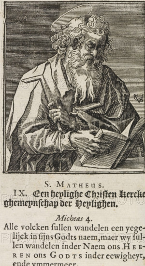 S. Matthew, Apostle Matthew, Christ, Mary and the twelve apostles, print, album page, book illustration, Series number, 9, 12, The Apostle Matthew, with the drawing triangle and a book as attributes. Numbered IX below the image. Accompanying this is a Dutch caption with a line from the Creed and a line of text from Micah 2., printmaker: Christoffel van Sichem (II), Amsterdam, after print by Johann Sadeler (I), after design by Maerten de Vos (attributed to), publisher: Pieter Jacobsz. Paets, in or after 1629 - in or before 1646, Johann Sadeler (I), after print by, Attributed to, paper, woodcut, letterpress printing, paste, woodcut attached to album page, text in letterpress, height 75 mm x width 65 mm, height 118 mm x width 82 mm, The print originates from one of the publications by PJ Paets from Amsterdam. The print may possibly already be used in: Der Zielen Lust-hof. Leuven, I.Jacbosz for PJ Paets = Amsterdam, PJ Paets, 1629. In any case, it appears in: Het Nieuwe Testament ons Salic...