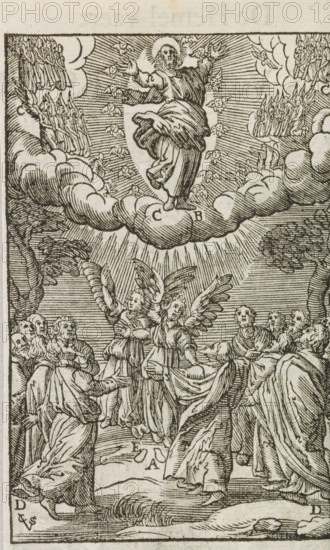 Ascension of Christ, print, album page, book illustration, Christ, with raised hands, is taken up into heaven. His disciples look on in wonder. Two angels keep an eye on them. Letters are placed next to various elements of the image., printmaker: Christoffel van Sichem (II), Amsterdam, after print by Johannes Wierix, Antwerp, after design by Bernardino Passeri, publisher: Pieter Jacobsz. Paets, 1629, Johannes Wierix, after print by, paper, woodcut, pastes, woodcut attached to album page, height 131 mm x width 84 mm, The print originates from one of the publications by PJ Paets of Amsterdam. The print is first used in: Der Zielen Lust-hof. Leuven, I. Jacobsz for PJ Paets = Amsterdam, PJ Paets, 1629. The illustration is copied from a print by Johannes Wierix for: Nadal, Jerónimo. Evangelicae Historiae Imagines. Antwerp, M. Nutius, 1593., the Ascension (Christ surrounded by radiant light or in a mandorla), A detailed black and white woodcut shows a robed central figure standing on a cloud...