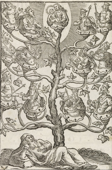 Tree of Jesse, print, album page, book illustration, The Tree of Jesse. In the foreground, Jesse lies with his elbow resting on a stone. A tree grows from his loins, on the branches of which are the ancestors of Christ. At the top, Mary with Child., printmaker: Christoffel van Sichem (II), Amsterdam, after print by Hieronymus Wierix, Antwerp, after design by Hans Bol, publisher: Pieter Jacobsz. Paets, 1629, Hieronymus Wierix, after print by, paper, woodcut, pastes, woodcut attached to album page, height 115 mm x width 86 mm, The print originates from one of the publications by PJ Paets from Amsterdam. The print is first used in: Der Zielen Lust-hof. Leuven, I.Jacobsz for PJ Paets = Amsterdam, PJ Paets, 1629., tree of Jesse: genealogical tree showing Christ's ancestors, sprouting from Jesse's loins, A woodcut shows a large central tree with a thick trunk and winding branches and leaves, extending upward and outward across the image. At the top of the tree sits a seated woman holding a c...