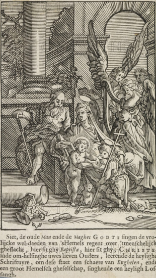 Holy Family with John the Baptist, print, album page, book illustration, The Holy Family with John the Baptist as a child. In the background three angels, one of whom plays the harp while another sings., printmaker: Christoffel van Sichem (II), Amsterdam, after print by Johann Sadeler (I), publisher: Pieter Jacobsz. Paets, in or after 1629 - in or before 1646, Johann Sadeler (I), after print by, paper, woodcut, letterpress printing, paste, woodcut and text in letterpress, attached to album page, height 110 mm x width 75 mm, height 135 mm x width 89 mm, The print originates from one of the publications by PJ Paets from Amsterdam. The print may already be used in: Der Zielen Lust-hof. Leuven, I.Jacbosz for PJ Paets = Amsterdam, PJ Paets, 1629. In any case, it appears in: Het Nieuwe Testament ons Salichmaeckers Jesu Christi. Amsterdam, 1646., harp, angels singing, making music, A densely hatched black and white scene shows a group of robed figures gathered in an architectural setting with...