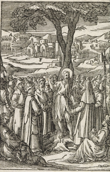Preaching of John the Baptist, print, album page, book illustration, John the Baptist, in a camel skin, preaching by a tree in the midst of the people. Letters are placed next to various elements of the image., printmaker: Christoffel van Sichem (II), Amsterdam, after print by Hieronymus Wierix, Antwerp, after design by Bernardino Passeri, publisher: Pieter Jacobsz. Paets, 1629, Hieronymus Wierix, after print by, paper, woodcut, panels, woodcut attached to album page, height 108 mm x width 78 mm, The print originates from one of the publications by PJ Paets of Amsterdam. The print is first used in: Der Zielen Lust-hof. Leuven, I. Jacobsz for PJ Paets = Amsterdam, PJ Paets, 1629. The illustration is copied from a print by Hieronymus Wierix for: Nadal, Jerónimo. Evangelicae Historiae Imagines. Antwerp, M. Nutius, 1593., John preaching, A densely detailed black and white woodcut shows a large crowd of robed figures gathered beneath a pair of tall trees with broad, textured canopies; a cen...
