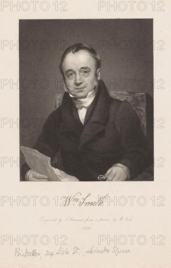 Portrait of William Smith, print seller in London, Wm. Smith, print, printmaker: Samuel Freeman, after painting by William Fisk, 1836, chine collé, paper, etching, stipple work, etching and stipple work on chine collé, height 229 mm x width 145 mm, Person, William Smith, antique dealer (graphic arts), A monochrome engraved portrait of a seated man shown from the waist up, facing forward with a neutral expression, wearing a dark double-breasted coat and a light cravat at his neck; he holds a folded sheet of paper in one hand and a small round object in the other while sitting against a patterned chair back, all set against a dark textured rectangular background framed by a wide pale margin.
