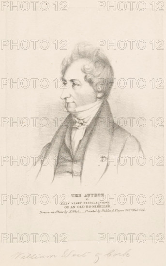 The author of fifty years' recollections of an old bookseller, Portrait of bookseller William West, print, printmaker: Samuel West, printer (person): Unkles & Klasen, Cork, publisher: William West, 1835 - 1837, Samuel West, Unkles & Klasen, William West, printmaker, printer (person), publisher, paper, lithography, height 178 mm x width 121 mm, The print was also used as an illustration in: West, William. Fifty years' recollections of an old bookseller. Cork, 1835. This edition was self-published by the author. A reissue appeared in London in 1837., Person, book-shop, bookseller, A monochrome pencil portrait of a man shown in profile facing left, with wavy hair and a high forehead, wearing a high-collared shirt and cravat beneath a waistcoat and coat; the drawing shows detailed shading on the face and clothing, with lighter sketching around the shoulders and a faint rectangular border framing the portrait on a light textured background.